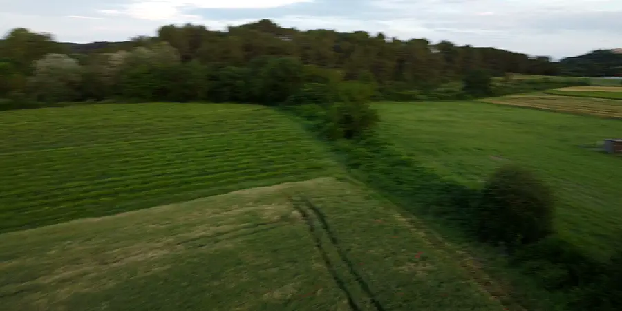 Champs cultivés et bâtiments agricoles vus du ciel
