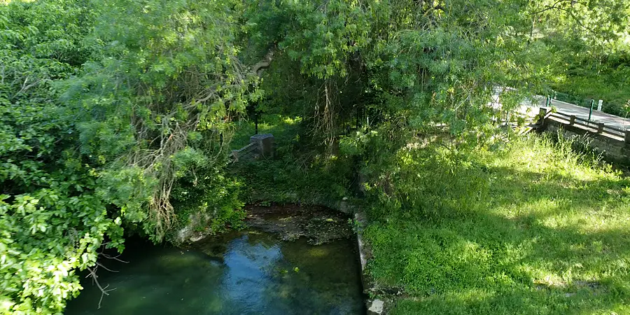 Rivière bordée d’arbres et passerelle, vue du ciel
