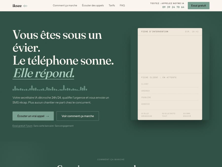 Page d’accueil du site créé pour Iksee, secrétaire téléphonique par intelligence artificielle