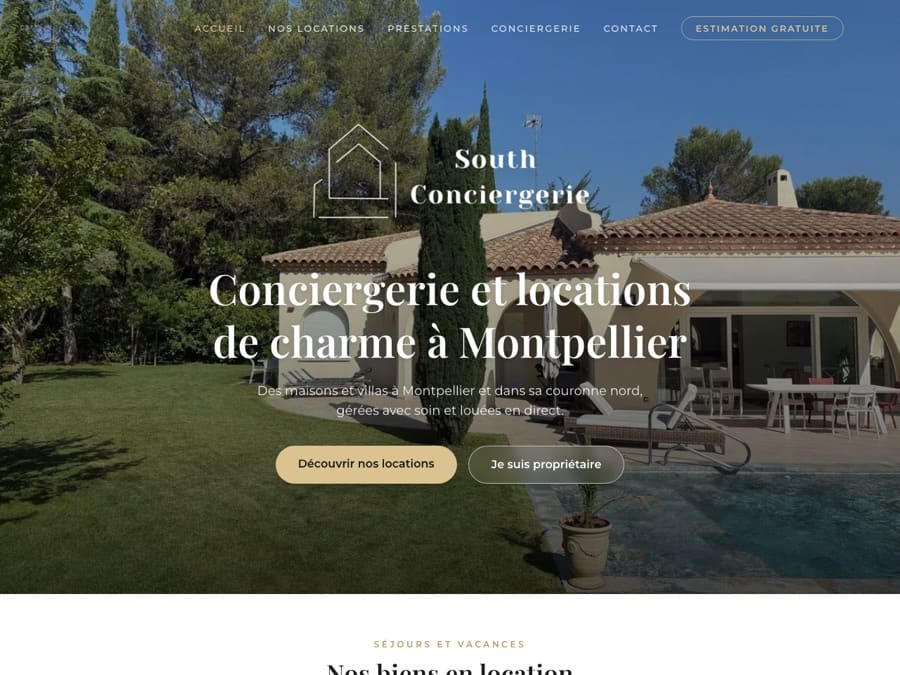 Page d’accueil du site créé pour South Conciergerie, conciergerie de locations saisonnières à Montpellier