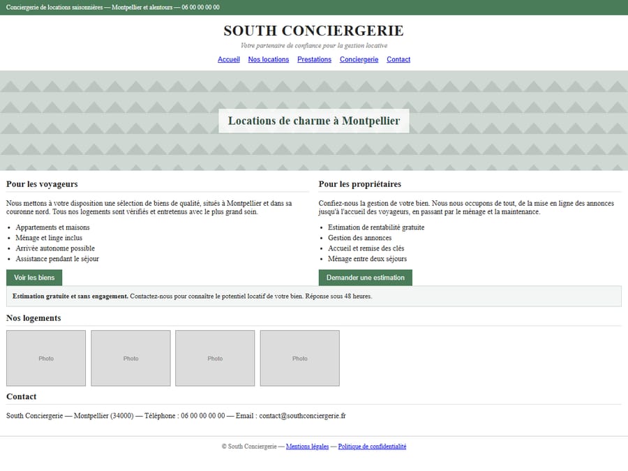 La même page montée sans travail de design : bannière générique, colonnes serrées, photos absentes