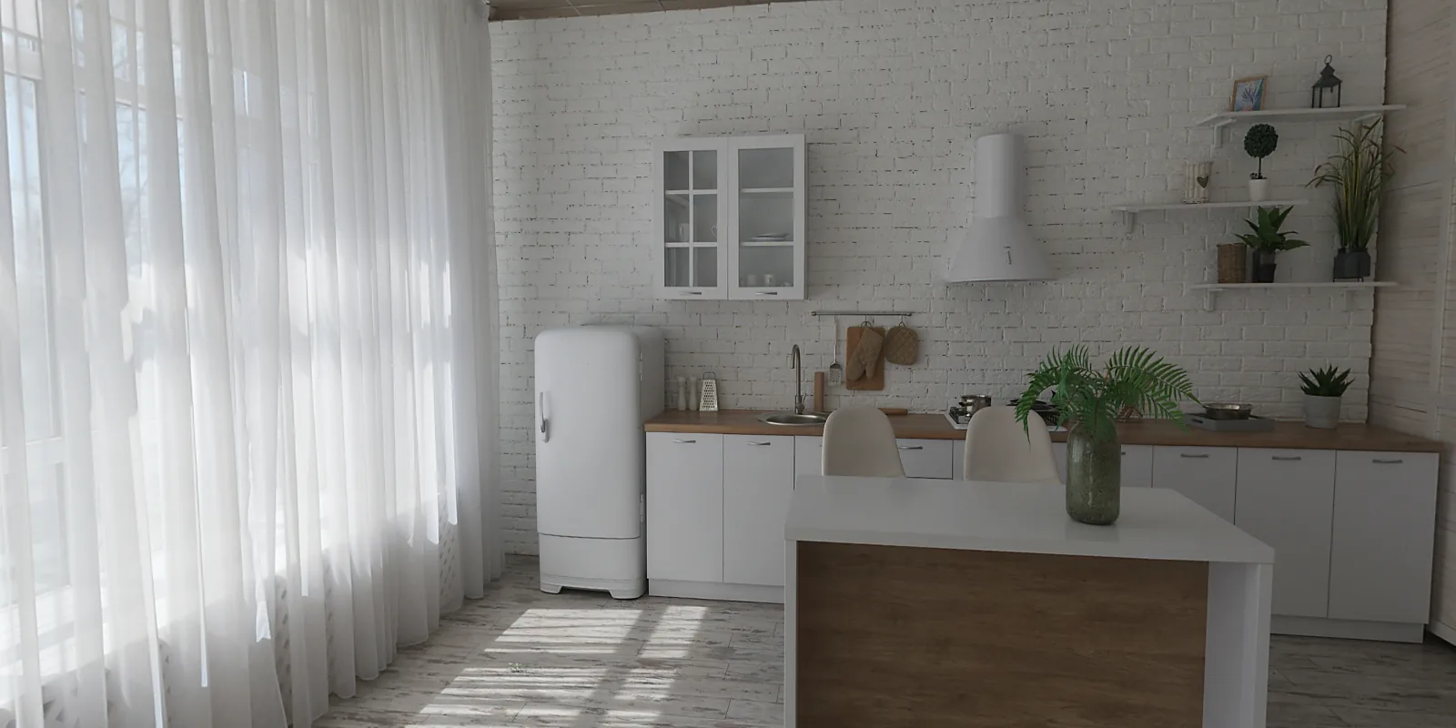 Studio contemporain avec cuisine, canapé et coin nuit